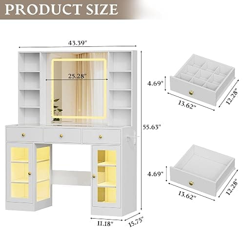 Makeup Vanity Desk with HD Lighted Mirror & Power Outlet, Glass Top Vanity Table Set with Storage Drawers & RGB Cabinets, Large Dressing Table with 3 Lighting Modes for Bedroom Women Girls Kids, White thumbnail 2