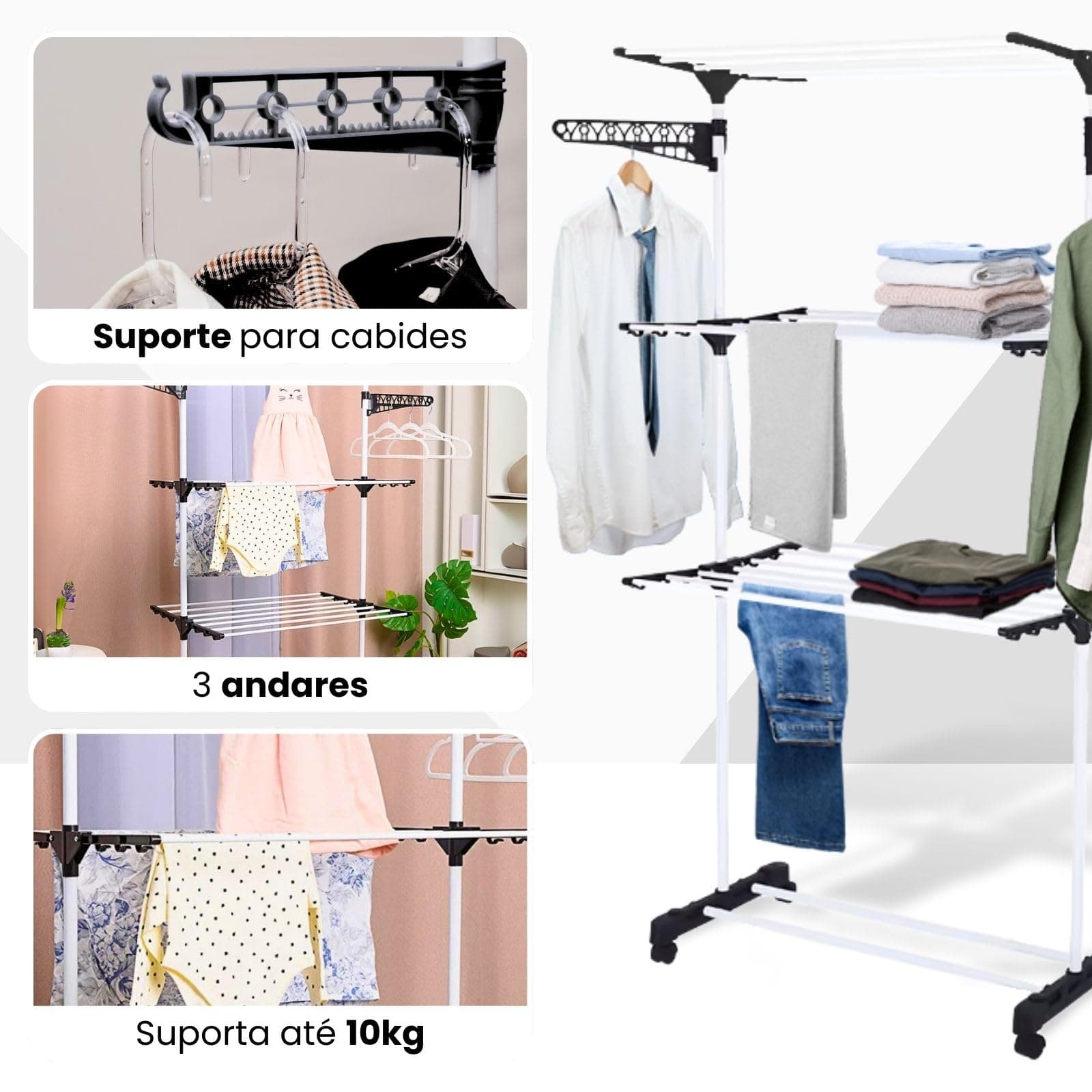 Varal De Chão 3 Andares Grande de Roupas Dobrável Regulável Retrátil com Rodinhas e Ganchos Compacto thumbnail 3