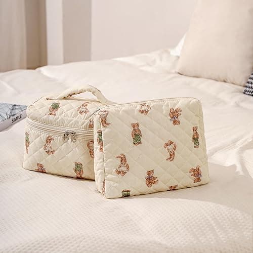 uekeboag 2 pcs Large Floral Quilted Makeup Bag Set for Women, Cotton Quilted Big Cosmetic Bag, Coquette Aesthetic Cute Travel Toiletry Bag thumbnail 5