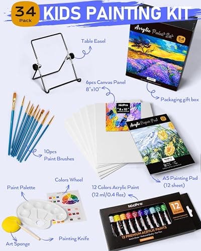 Nicpro Kids Paint Set, 34PCS Painting Supplies Kit Non Toxic,12 Colors Acrylic Paint, Table Easel, 6 Canvas Panels, 10 Brushes, Paper Pad, Sponge, Color Wheel, Palette for Adult Toddlers Beginner thumbnail 2