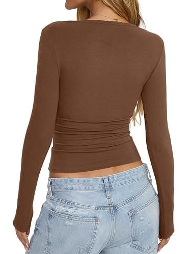 EasyGala Womens Cotton Long Sleeve Henley Shirts Sexy Square Neck Tops Slim Fit T-Shirt Trendy Outfits Fall Clothes 2026 thumbnail 6