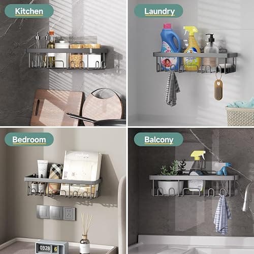 Veken 6-Pack Rustproof & Waterproof Shower Caddy, Adhesive Shelves Rack, Large Capacity Bathroom, College Dorm & Apartment Organizers, No-Drill Wall Mount Living Room & Bedroom Decor, Light Grey thumbnail 6