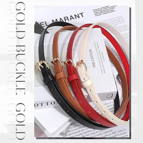 JASGOOD 4 Pack Skinny Women Leather Belt for Dresses Thin Waist Belt for Jeans Pants with Gold Buckle thumbnail 7