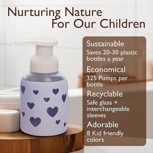 SoCal Suds & Company Foaming Hand Soap Dispenser Glass, Soft Purple, 8oz | Liquid Soap Pump w/ Heart Silicone Sleeve, Refillable Bottle for Kids, Baby Wash & Shampoo, Ideal for Bathroom & Kitchen Use thumbnail 5