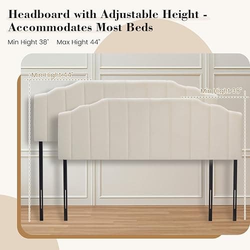 GARTMILAN Upholstered Headboard Adjustable Height Queen/King Headboard Cream Velvet Tufted Modern Vertical Channel Design with Stepped Silhouette Top Edge(Beige Queen) thumbnail 4