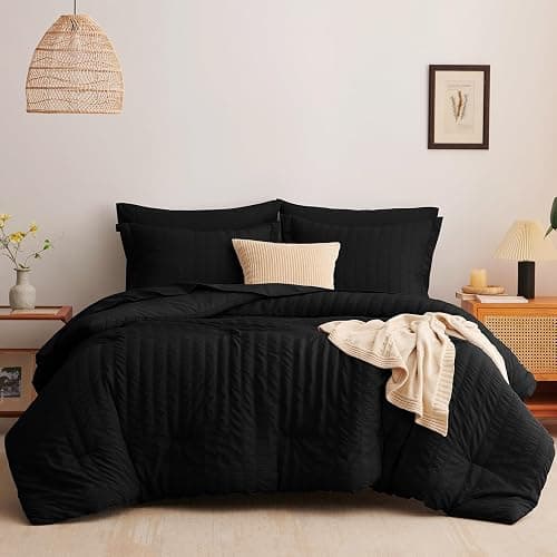 CozyLux Queen Comforter Set Black Seersucker 7 Pieces Bed in a Bag Queen Comforter Set with Sheets, Luxury Soft Bedding Set with Down Alternative Comforter, Sheets, Pillowcases & Shams for All Seasons thumbnail 8