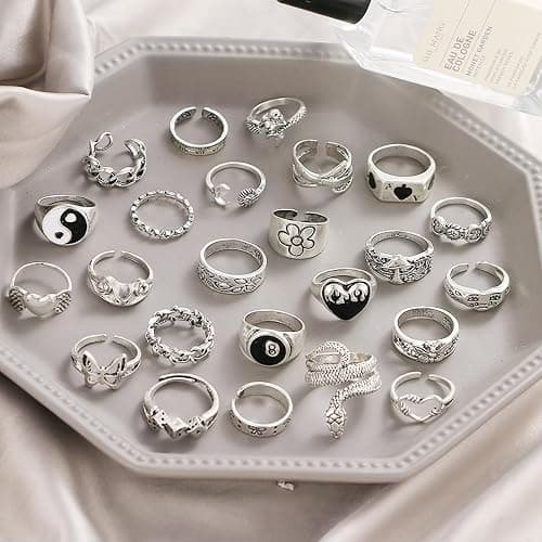Hifot 29 Stück Y2K Ringe Set für Damen und Männer - Gothic Emo Silber, Punk Grunge Vintage - Herz, Schlange, Blume, Schmetterling, Yin Yang, Totenkopf, Frosch Accessoires Schmuck thumbnail 8