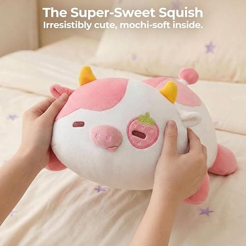 Mewaii Strawberry Cow Plush Pillow Cute Plushies, Squishy & Huggable, 13 in | Cuddly Cow Stuffed Animal Pillow, Low-Shedding, PP Cotton Fill, Machine Washable, Desk Decor, Gift For Kids & Cow Lovers thumbnail 7