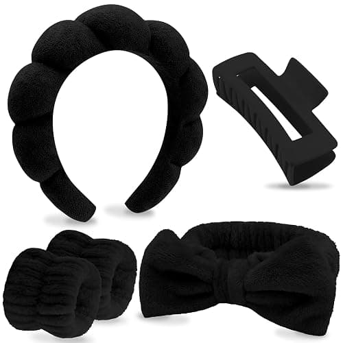 VELSCRUN Spa Headbands for Wash Face, Makeup Headband, Facial Skincare Headbands, 5 Pcs Black Puffy Sponge Spa Headband Bow Tie Hair Band Hair Clips Wristband Set Women Girls Accessories - Image 1
