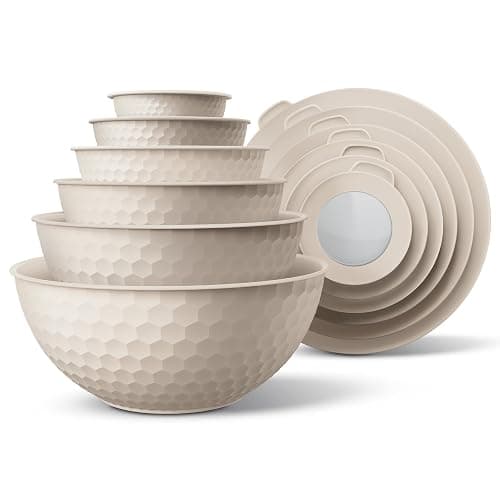 COOK WITH COLOR Mixing Bowls with Lids - 12 Piece Plastic Nesting Bowls Set includes 6 Prep Bowls and 6 Lids, Microwave Safe Mixing Bowl Set, Cream Embossed - Image 1