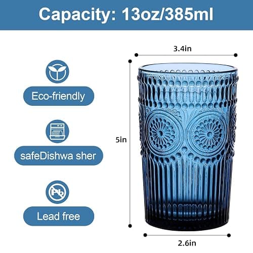 ZMOWIPDL Vintage Glassware Drinking Glasses Set of 6,13 oz Blue Textured Flower Design Glass Water Tumblers，Embossed Striped Drinkware for Water,Cocktails,Juice,Iced Coffee thumbnail 3