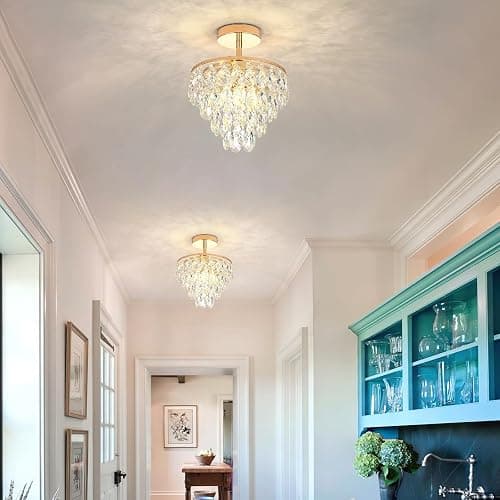 YONGYIPE Mini Crystal Chandelier Modern Crysal Flush Mount Ceiling Light for Bedroom Closet Hallway with E26 Base Small Pendant Light (Gold-Ceiling) thumbnail 2
