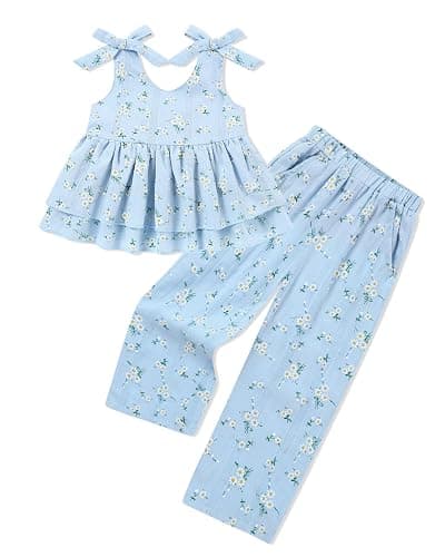 SANMIO Toddler Baby Girl Clothes Floral Summer Outfits Ruffle Sleeveless Tops with Wide Leg Pants Clothing Set for 1-5T - Image 1