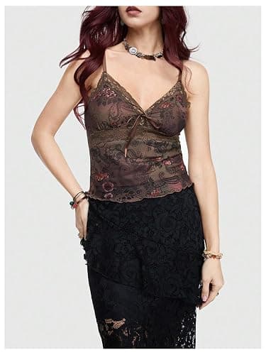 Milumia Women's Boho Lace Cami Crop Tops Y2k Spaghetti Strap Going Out Tank Top Fairycore Clothing thumbnail 2