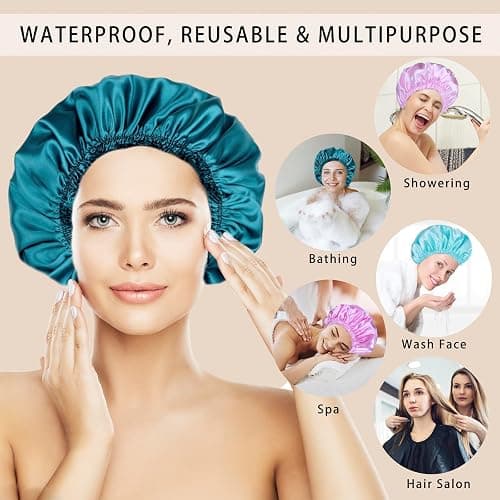 Shower Caps for Women, 4 PCS Elastic and Reusable Bath Caps, Double Waterproof Layers Shower Cap, Bathing Shower Caps, Environmental Protection Hair Bath Hat - Solid Color thumbnail 2