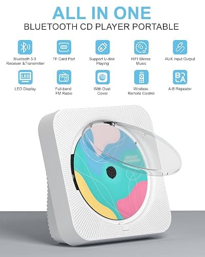 CD Player Portable with Bluetooth Desktop CD Players for Home with HiFi Sound Speakers,Mini Cute CD Player for Kids,Remote Control,Dust Cover,LED Display,Boombox FM Radio (White) thumbnail 2