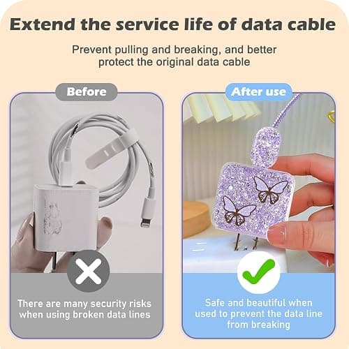 CameCosy Cute Glitter Cable Protector for iPhone Charger with Luxury Butterfly Girly Design Bling Cable Data Line Wire Saver Phone Charger Protector for iPhone 11 12 13 14 15 Pro Max Plus-Purple thumbnail 4