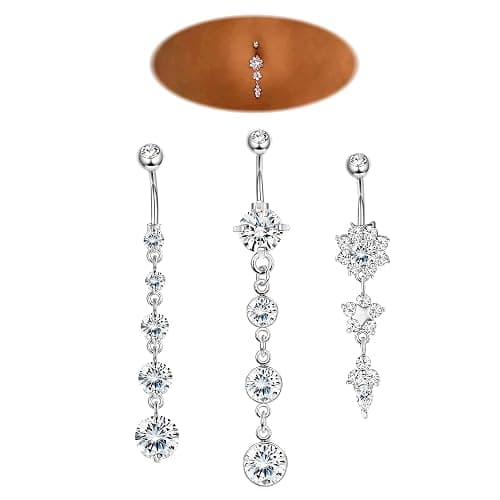 JOERICA 3-6Pcs 14G 316L Stainless Steel Belly Button Rings for Women Flower CZ Dangle Belly Button Rings Navel Piercing Jewelry - Image 1