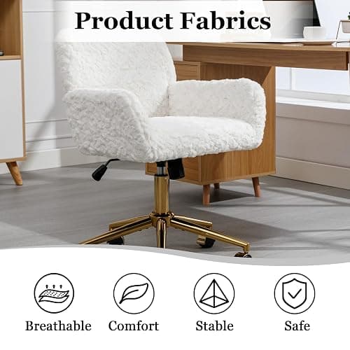 Thctvous Beige Vantiy Desk Chair Comfy, Sherpa Makeup Vanty Chair with Back and Rolling Wheels for Bedroom Home Office,Adjustable High Gold Feet,Artificial Rabbit Hair (Beige) thumbnail 3
