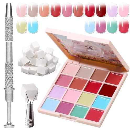 GELLAKTIK Pat Painting Gel, 16 Colors Ombre Gel Nail Polish for French Manicure, Blooming Aura Nails with Sponge Applicators, UV/LED Curing DIY Nail Art Palette - Image 1