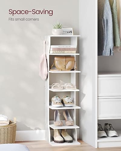 VASAGLE 7-Tier Vertical Shoe Rack, Narrow Shoe Storage Organizer with Hooks, Slim Corner Tower Shelf, Space-Saving for Entryway and Bedroom, White ULBS200T14 thumbnail 4