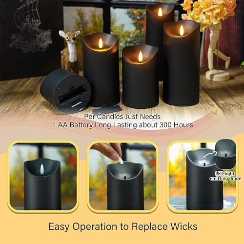 Nimiko Flameless Candles with Remote, Battery Operated Flickering Flameless Candles, LED Candles with Timer 2/4/6/8H, with Realistic LED Candles Set of 9 (D3 x H 3" 4" 5" 6" 7") (Black) thumbnail 2
