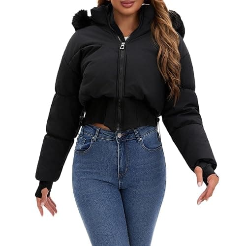 bawilom Womens Winter Cropped Puffer Jacket Long Sleeve Oversized Stand Collar Zip-Up Short Coats with Faux Fur Hood Outwear thumbnail 4