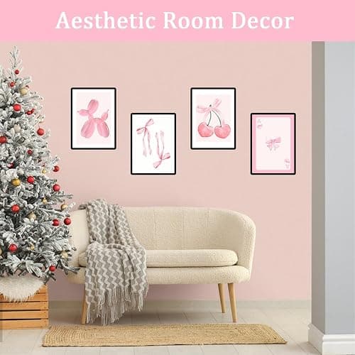 Onperpoe 4 Pink Posters Set Canvas Wall Art Preppy Room Decor Aesthetic Bow Cherry Balloon Puppy Poker Poster Wall Art Aesthetic Posters Coquette Room Decor (Pink Cherry) thumbnail 5