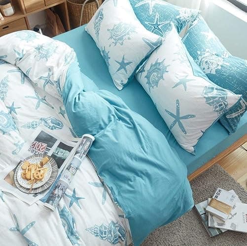 DONEUS Jersey Knit Duvet Cover Set 100% T-Shirt Cotton Super Soft Breathable Comfy Seashells Pattern Bedding Set 3 Piece with Zipper Closure, White Blue King 104x90 Inches thumbnail 2