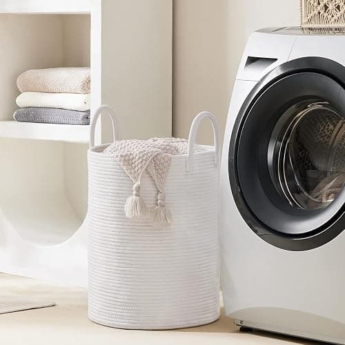 Woven Rope Laundry Hamper Basket by YOUDENOVA, 58L Tall Laundry Basket, Baby Nursery Hamper for Blanket Storage, Clothes Hamper for Laundry in Bedroom-Large-Pure White thumbnail 6