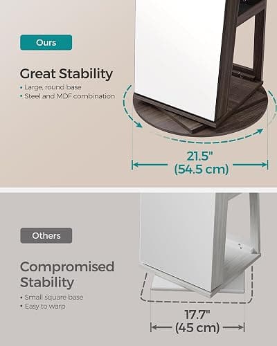 SONGMICS 6 LEDs Lockable Mirror Jewelry Cabinet, 360° Swivel Jewelry Organizer Armoire Standing, Frameless Full-Length Mirror, 3 Storage Shelves, Christmas Gifts, Ash Brown, Black Lining UJJC007K02 thumbnail 5