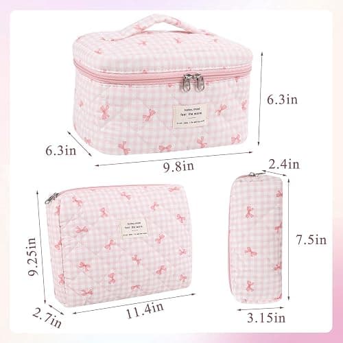 Anfly Makeup Bag, Quilted Cosmetic Bags, Large Floral Make Up Bag, Cute Makeup Bag 3PC Set for Women Girls (Pink) thumbnail 6
