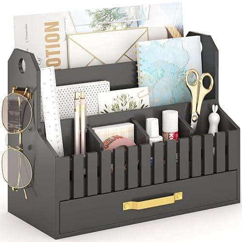 Bamboo Mail Organizer Countertop with Drawers, Wood Desk File Organizer Desktop Paper Organization Storage Bill & Letter Sorter Holder for School Home Office Supplies, No Assembly Required (Black) - Image 1