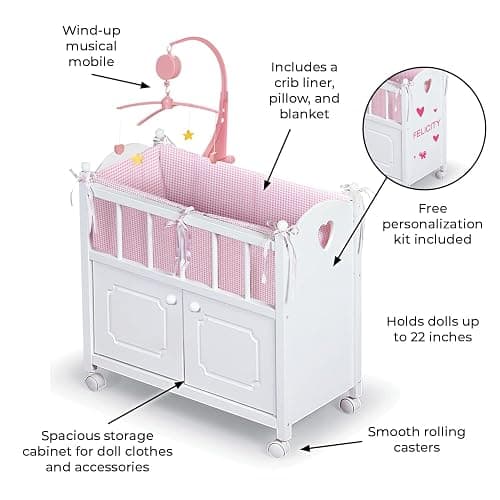 Badger Basket Wooden Toy Doll Bed with Storage, Mobile, and Bedding to Pretend and Play - Includes Wheels and Free Personalization Kit - White with Pink Gingham Fabric thumbnail 10