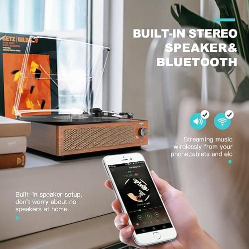 Seasonlife® Vinyl Record Player with Speakers,Retro Brown Vintage Turntable | All-in-one Beginner LP Players,Wooden Old-school Phonograph,Belt-Driven,3-Speed,BT Wireless Input,Headphone,AUX,RCA,Auto Stop thumbnail 4