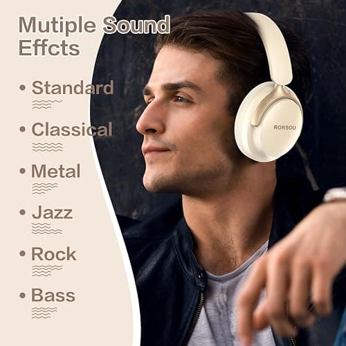 RORSOU B8 Bluetooth Headphones Over Ear, 6 EQ Music Modes and 50H Playtime Deep Bass Wireless Headphones with Mic, Lightweight Folding HiFi Stereo Headset for iPad/Travel/Tablet/PC/Home Beige White thumbnail 4