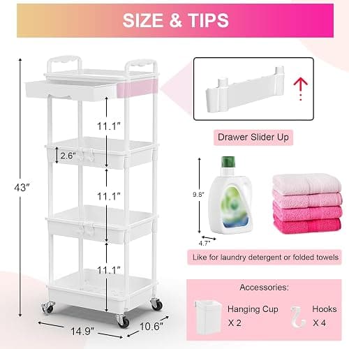Goovilla 4 Tier Rolling Utility Cart Organizer with Removable Drawer, Stable and Sturdy White Rolling Storage Carts with 2 Lockable Wheels for Bathroom, Kitchen, Snack, Craft, Makeup, Baby Essentials thumbnail 2