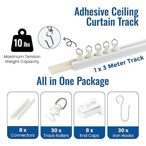 UrbanRed Adhesive Curtain Track, 3 m (9.8 ft) Ceiling Curtain Track | 3 m adhesive curtain track provides smooth ceiling installation for homes, offices and RVs without drilling thumbnail 2