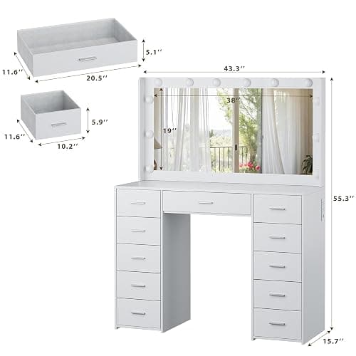 HUAHUU 43.3" Vanity Desk with Mirror and Lights, 3 Lighting Modes, Large Makeup Vanity Desk with 11 Fabric Drawers, Built-in AC Outlets & USB Ports, White Vanity with Lights for Bedroom Makeup Room thumbnail 2