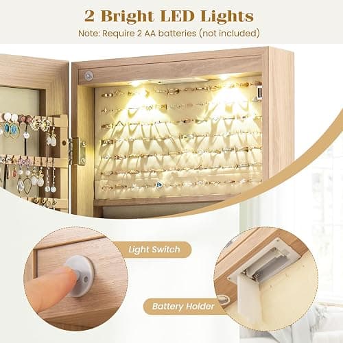 Giantex Wall or Door Mounted Jewelry Armoire with 47.5" Full Length Mirror, Lockable Cabinet with 2 LED Lights, 2 Drawers, Over the Door Large Jewelry Storage Organizer (Light Oak) thumbnail 5