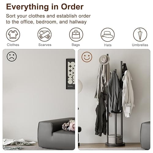 Muwuele Solid Wood Rotary Coat Rack, Freestanding Coat Rack with 3 Shelves and 9 Hooks, Coat tree for Bedroom, Entryway, Livingroom, Coat Hanger Stand for Coats, Scarves, Handbags (Black) thumbnail 6