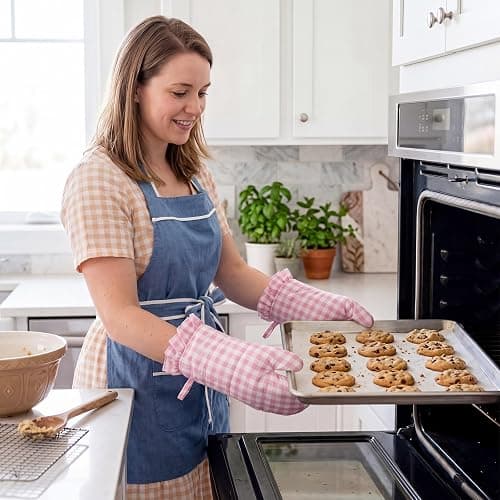Twistover Ruffle Gingham Oven Mitts 2-Pack Set, Pink, 7"x13" | Checkered Oven Mitts, Plaid, Cotton Heat Resistant, Non-slip Grip for Baking BBQ, Cute Farmhouse Style, Safe Pot Holders thumbnail 2