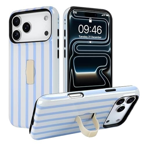 SOKAD Vertical Stripes Phone Case for iPhone 17 Pro Max with Finger Strap Kickstand, Cute Striped Line Pattern for Girls Women, Glossy Shockproof Protective Cover, Light Blue - Image 1