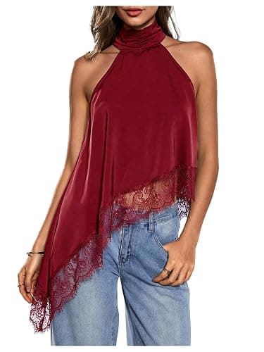 Milumia Women's Halter Neck Sleeveless Top Lace Asymmetrical Hem Summer Going Out Tank Tops - Image 1