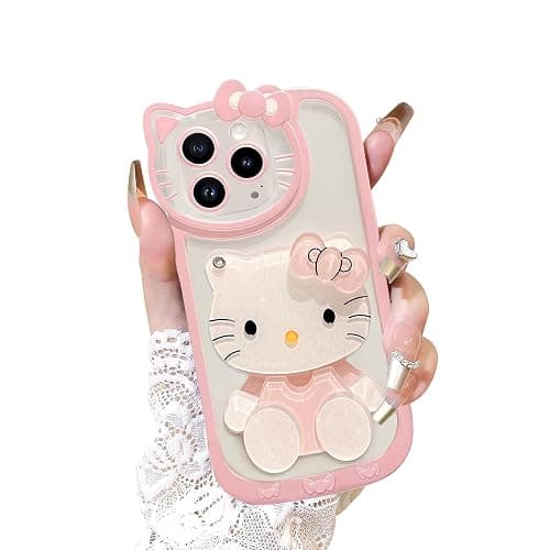 XXYUIKEZI for iPhone 16 Kawaii Cartoon Cute Pink Phone Case，Built-in Makeup Mirror for Women Girls, Soft Transparent Protective Pink Phone Case - Image 1