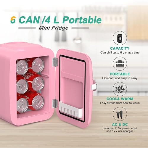CROWNFUL Mini Fridge, 4 Liter/6 Can Portable Cooler and Warmer Personal Refrigerator for Skin Care, Cosmetics, Beverage, Food,Great for Bedroom, Office, Car, Dorm, ETL Listed (Pink) thumbnail 3
