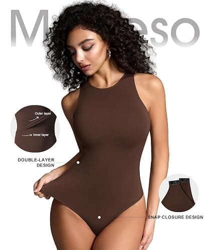 Mobeso Women's Crew Neck Sleeveless Bodysuit Seamless Double-Lined Stretchy Tank Top Bodysuits for Women Home Work Date Wear thumbnail 4
