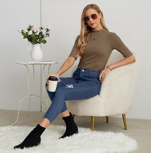 PrinStory Womens Tops Mock Neck Short Sleeve T Shirts Dressy Casual Ribbed Knit Slim Fit Summer Business Going Out Tops 2026 thumbnail 3