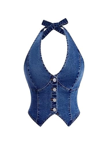 Milumia Women's Denim Halter Top Tie Backless Button Front Slim Fit Vests | Jean Top, Y2K, Corset Tops, Western Outfit, Sleeveless, Sexy, Summer, Concert, Festival Tops - Image 1
