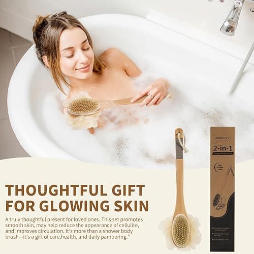 DEBETOOL Shower Loofah with Handle - Wooden Long Handle Shower Body Brush with Loofah for Exfoliating, Natural Loofah Back Scrubber for Women and Men thumbnail 8
